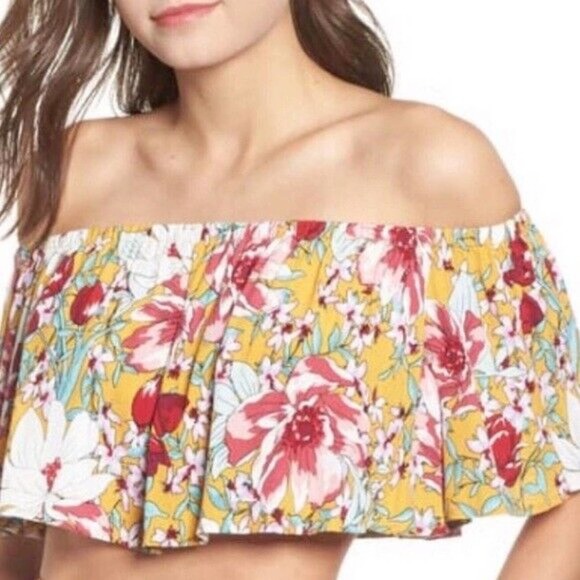 Lush Floral Cropped Off Shoulder Ruffle Blouse Colorful Top Women's Medium M - Picture 1 of 5